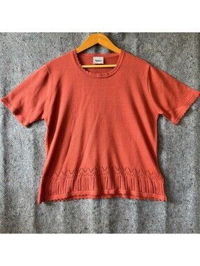 Nikki XL Terracotta Orange Pointelle Knit Top Scallop Trim Short Sleeve Vintage